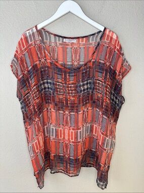 SJOBECK Malibu Women's 100% Silk Short Sleeve Geometric Print Blouse Size Medium